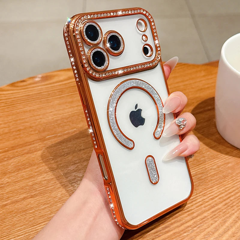 Luxury Bling Crystal Lens Film for Magsafe Case for iPhone 17 Pro Max 17 Air Magnetic Wireless Charging Clear Cover for iPhone17