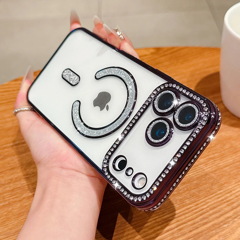 Luxury Bling Crystal Lens Film for Magsafe Case for iPhone 17 Pro Max 17 Air Magnetic Wireless Charging Clear Cover for iPhone17