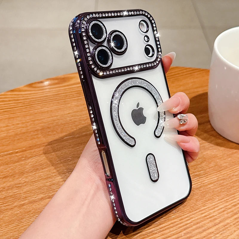 Luxury Bling Crystal Lens Film for Magsafe Case for iPhone 17 Pro Max 17 Air Magnetic Wireless Charging Clear Cover for iPhone17