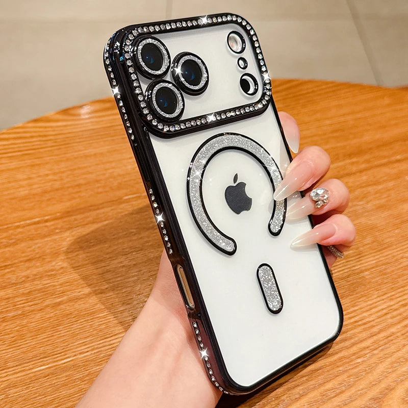 Luxury Bling Crystal Lens Film for Magsafe Case for iPhone 17 Pro Max 17 Air Magnetic Wireless Charging Clear Cover for iPhone17