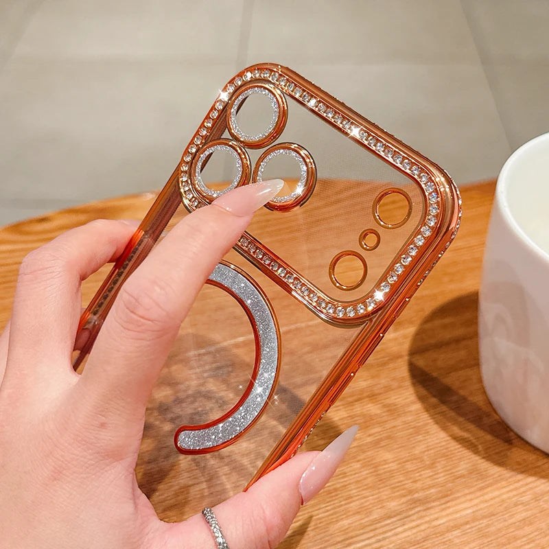 Luxury Bling Crystal Lens Film for Magsafe Case for iPhone 17 Pro Max 17 Air Magnetic Wireless Charging Clear Cover for iPhone17