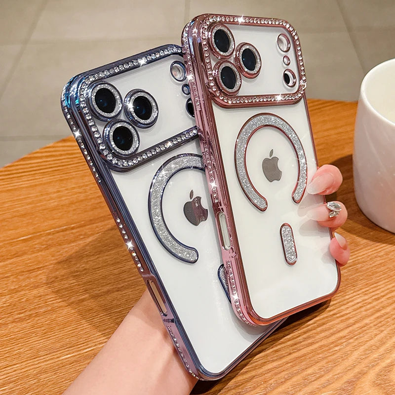 Luxury Bling Crystal Lens Film for Magsafe Case for iPhone 17 Pro Max 17 Air Magnetic Wireless Charging Clear Cover for iPhone17