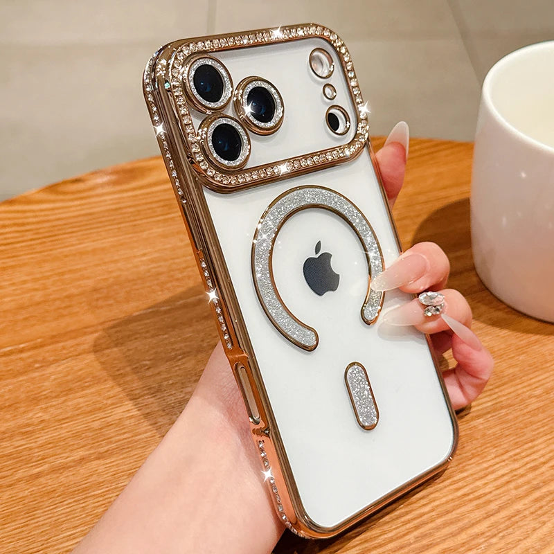 Luxury Bling Crystal Lens Film for Magsafe Case for iPhone 17 Pro Max 17 Air Magnetic Wireless Charging Clear Cover for iPhone17
