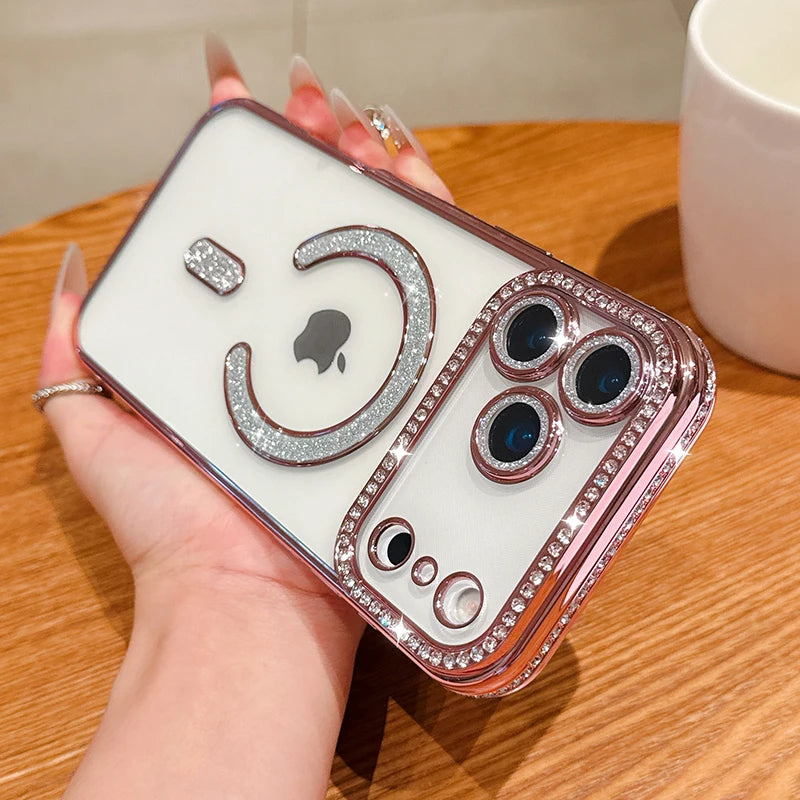 Luxury Bling Crystal Lens Film for Magsafe Case for iPhone 17 Pro Max 17 Air Magnetic Wireless Charging Clear Cover for iPhone17