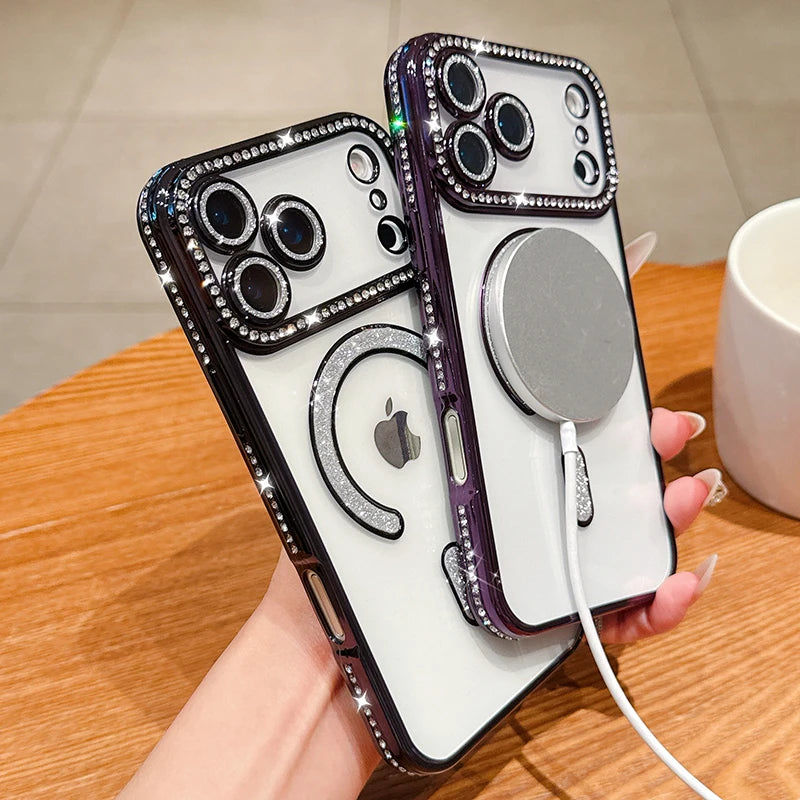 Luxury Bling Crystal Lens Film for Magsafe Case for iPhone 17 Pro Max 17 Air Magnetic Wireless Charging Clear Cover for iPhone17