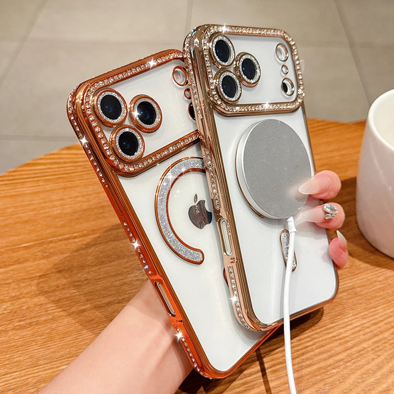 Luxury Bling Crystal Lens Film for Magsafe Case for iPhone 17 Pro Max 17 Air Magnetic Wireless Charging Clear Cover for iPhone17