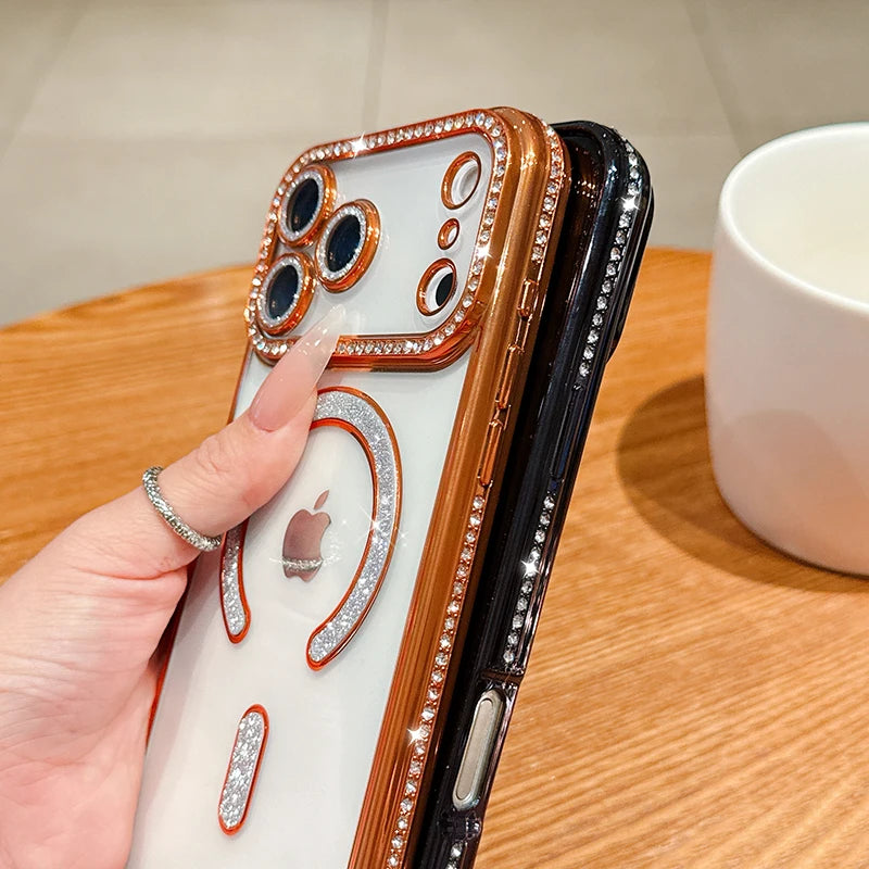 Luxury Bling Crystal Lens Film for Magsafe Case for iPhone 17 Pro Max 17 Air Magnetic Wireless Charging Clear Cover for iPhone17