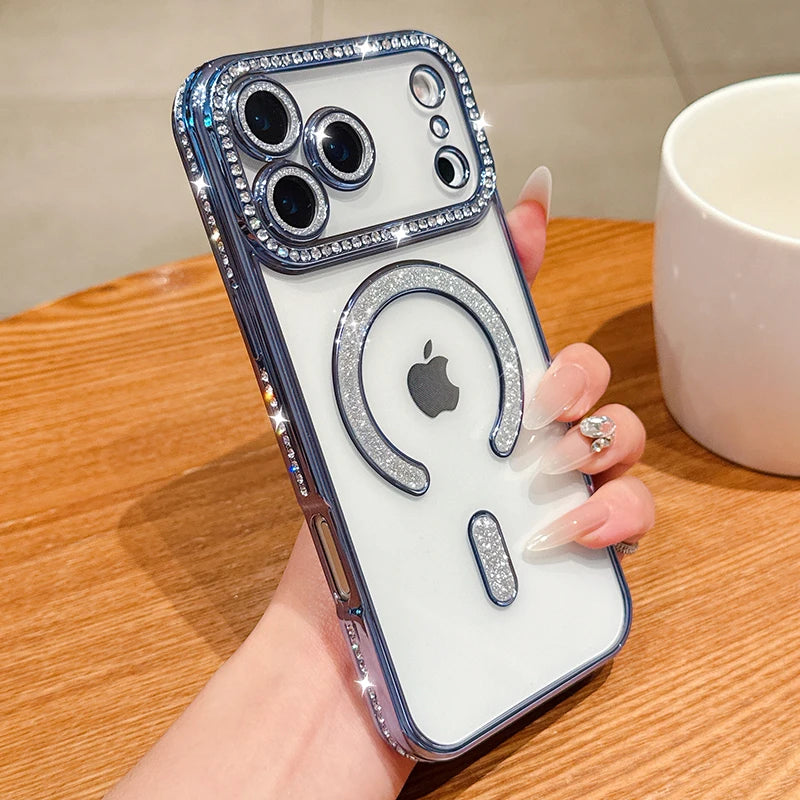 Luxury Bling Crystal Lens Film for Magsafe Case for iPhone 17 Pro Max 17 Air Magnetic Wireless Charging Clear Cover for iPhone17