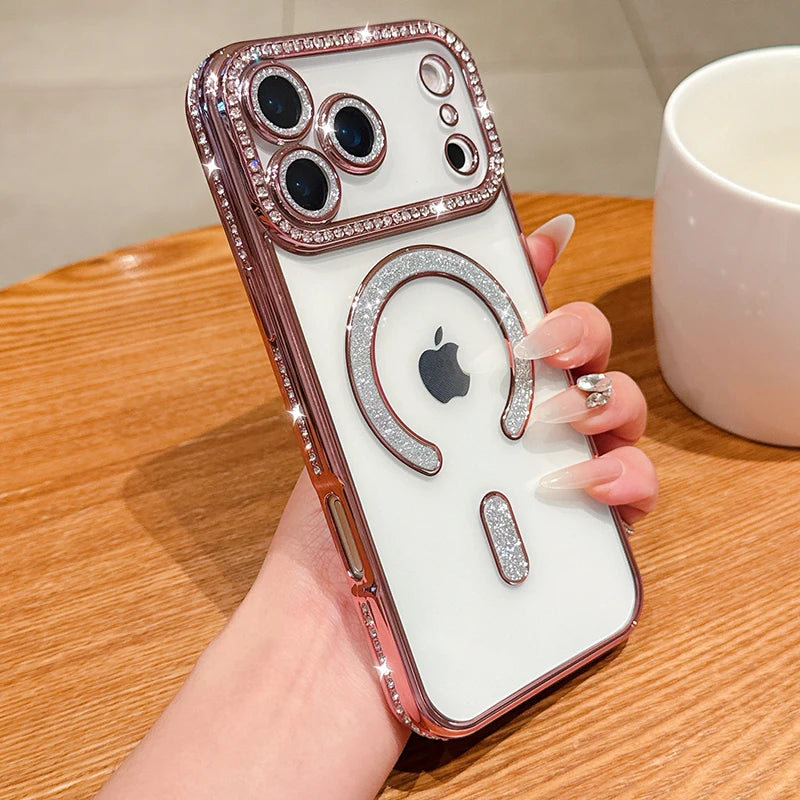 Luxury Bling Crystal Lens Film for Magsafe Case for iPhone 17 Pro Max 17 Air Magnetic Wireless Charging Clear Cover for iPhone17