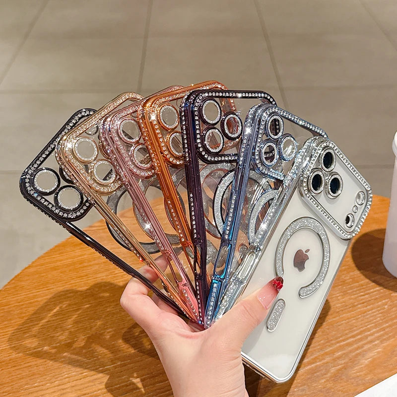 Luxury Bling Crystal Lens Film for Magsafe Case for iPhone 17 Pro Max 17 Air Magnetic Wireless Charging Clear Cover for iPhone17