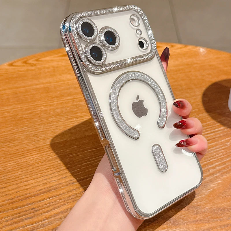Luxury Bling Crystal Lens Film for Magsafe Case for iPhone 17 Pro Max 17 Air Magnetic Wireless Charging Clear Cover for iPhone17